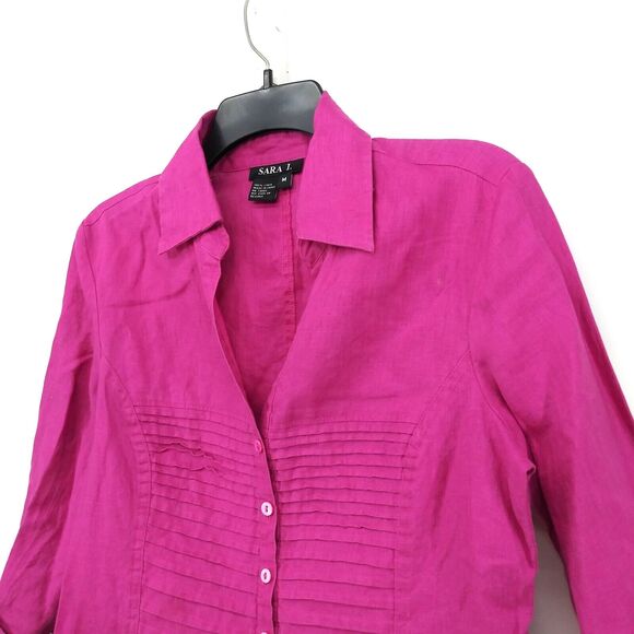 Sara I. Shirt Womens Size M Pink Pleated Front 100% Linen Button Up Top - Picture 2 of 7